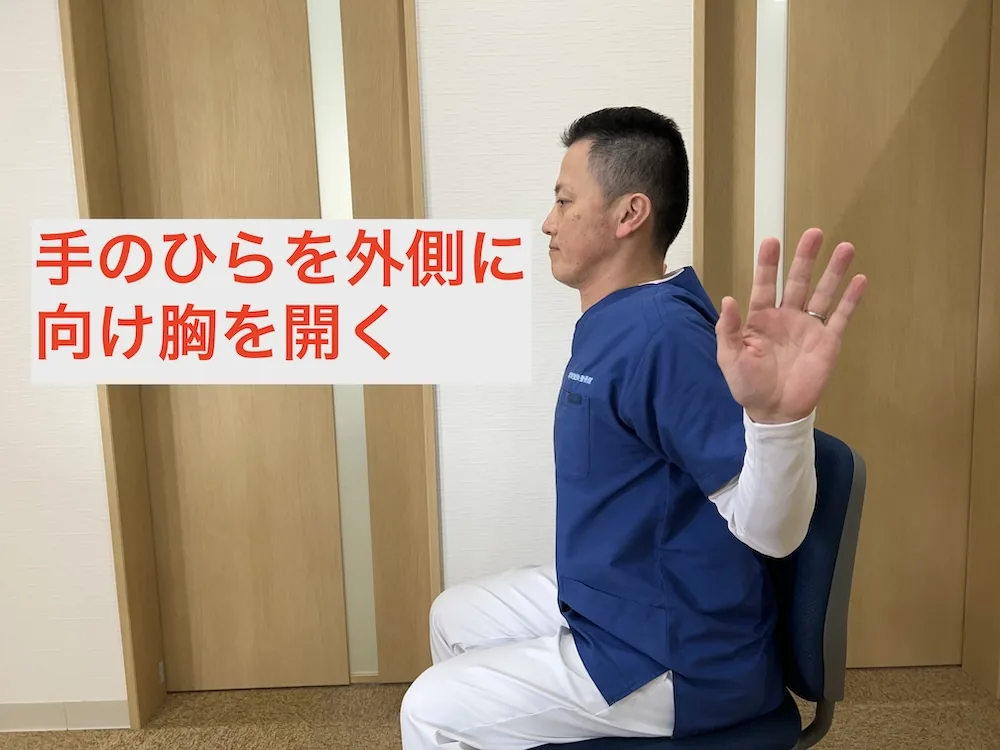 座って胸を開くストレッチの実演
